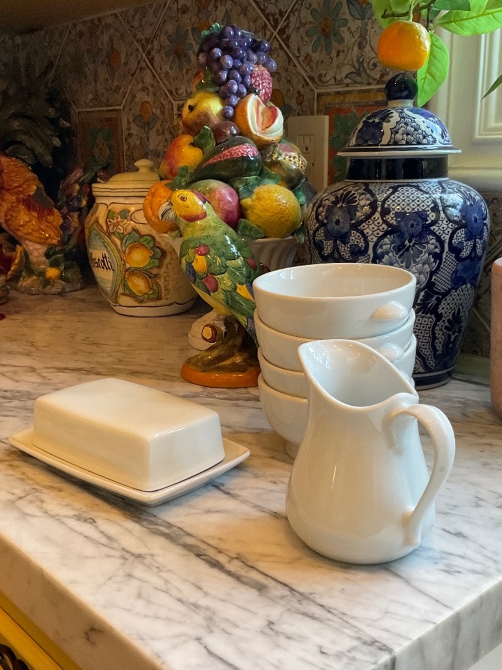 Apilco set of creamer, butter dish and 4 cereal or soup bowls, unused FRANCE
